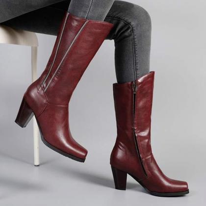 Women Wood Grain Thick Heel High Heel Knight Boots..
