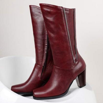 Women Wood Grain Thick Heel High Heel Knight Boots..