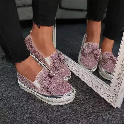 Women Casual Rhinestone Bow Slip-on Platform Shoes..