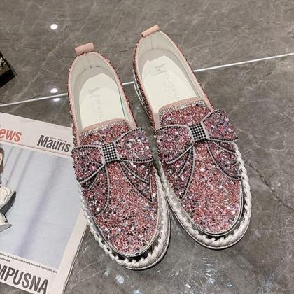 Women Casual Rhinestone Bow Slip-on Platform Shoes..