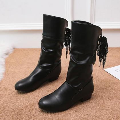 Women Casual Round Toe Lace Back Mid Boots..
