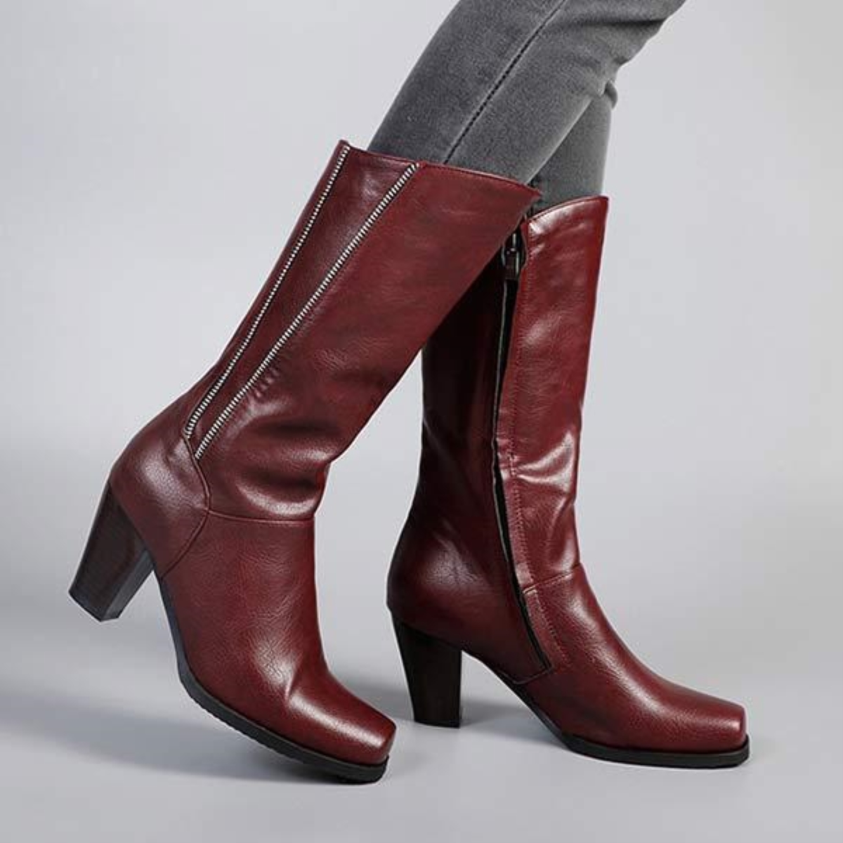 Women Wood Grain Thick Heel High Heel Knight Boots 86378382c