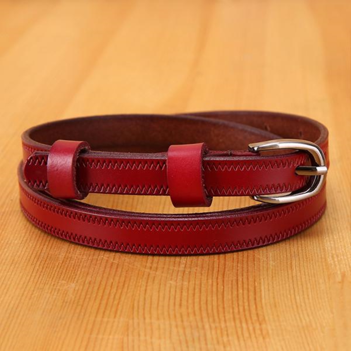 Women Casual Retro Solid Color Pure Cowhide Thin Belt 25068284c