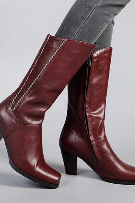 Women Wood Grain Thick Heel High Heel Knight Boots 86378382c