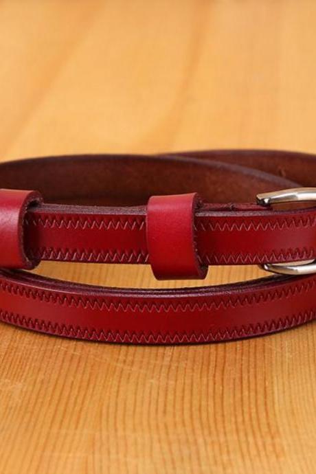 Women Casual Retro Solid Color Pure Cowhide Thin Belt 25068284c